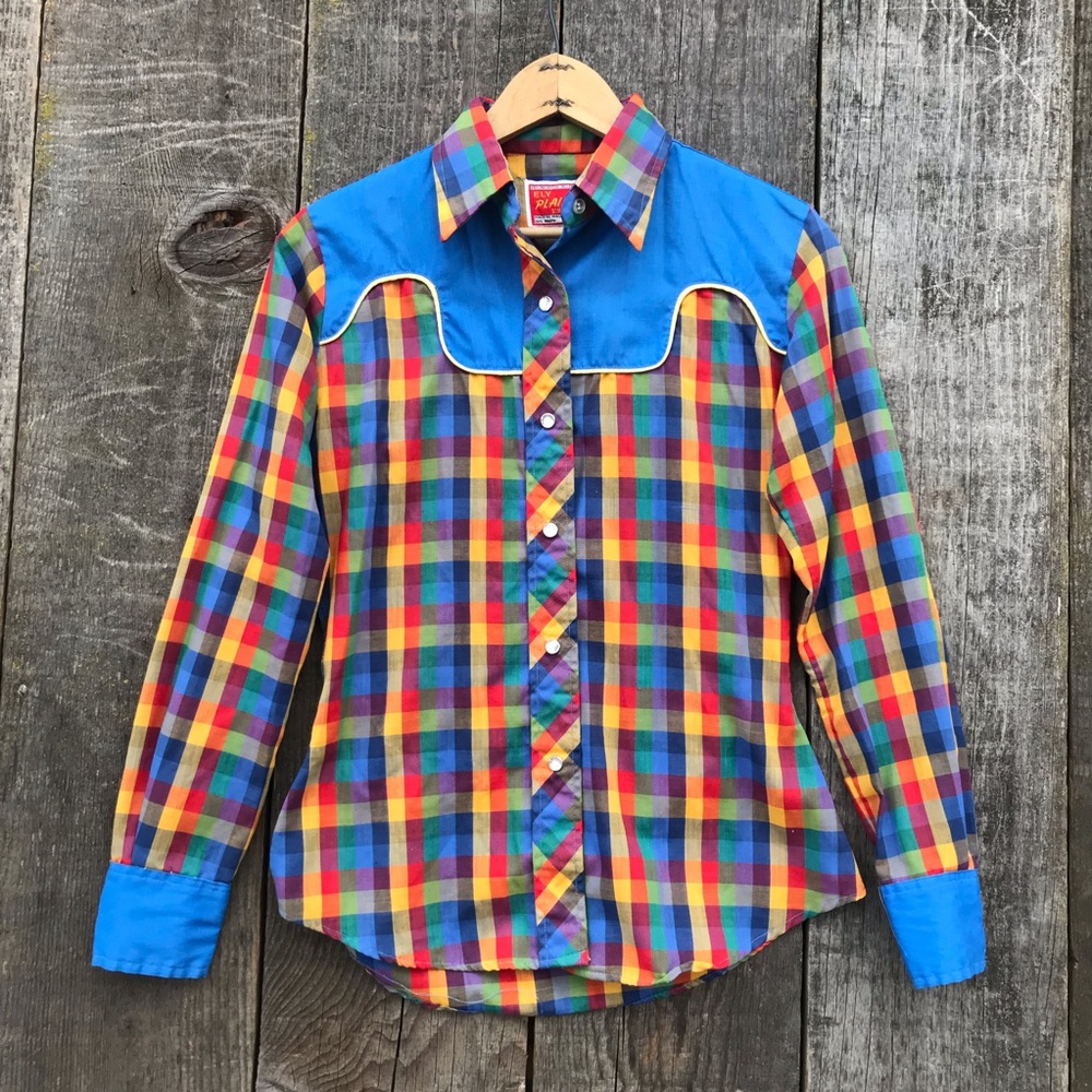VTG 80s Ely Plains Western Cowgirl Plaid Contrast Yoke Pearl Snap Blouse S/M